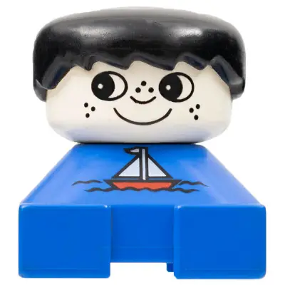  Duplo 2 x 2 x 2 Figure Brick, Blue Base with Sailboat Pattern, White Head with Freckles, Black Male Hair