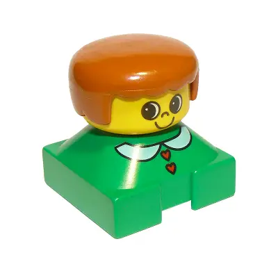  Duplo 2 x 2 x 2 Figure Brick, Green Base with White Collar and Red Heart Buttons, Yellow Head, Dark Orange Female Hair