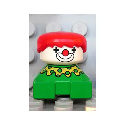  Duplo 2 x 2 x 2 Figure Brick, Clown, Green Base, Yellow Collar with Green Dots, White Head, Red Hair