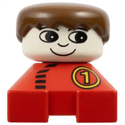  Duplo 2 x 2 x 2 Figure Brick, Red Base with Number 1 Race Pattern, White Head, Brown Male Hair