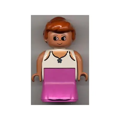  Duplo Figure, Female Lady, Dark Pink Dress, Lace Lined Tank Top with Blue Flower