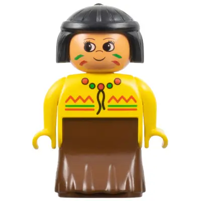  Duplo Figure, Female Lady, Brown Dress, Yellow Top, Black Hair (Native American)