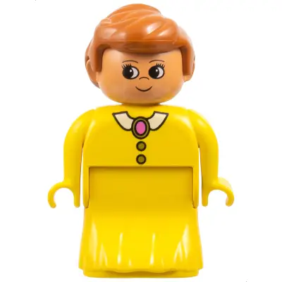  Duplo Figure, Female Lady, Yellow Dress, Yellow Top, White Collar and Dark Pink Brooch