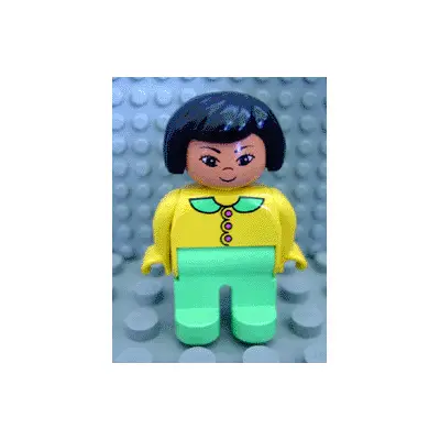  Duplo Figure, Female, Light Green Legs, Yellow Blouse with Light Green Collar and Dark Pink Buttons, Black Hair, Grin