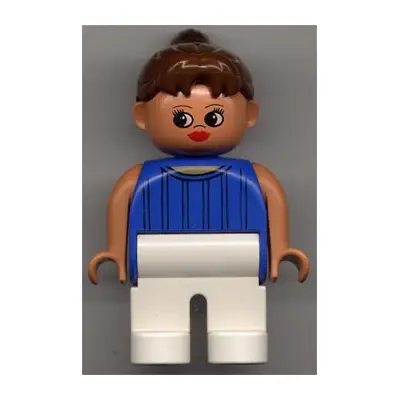  Duplo Figure, Female, White Legs, Blue Striped Top, Nougat Arms, Ponytail