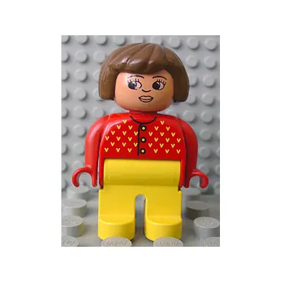  Duplo Figure, Female, Yellow Legs, Red Sweater with Yellow V Stitching, Brown Hair, Turned Down Nose