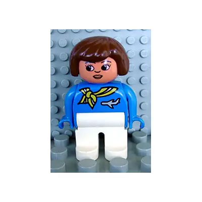  Duplo Figure, Flight Attendant - Female, White Legs, Blue Top with Scarf with Stripe and Jet Airplane Pin Pattern, Brown Hair, Nougat Head with Lips and Turned Down Nose