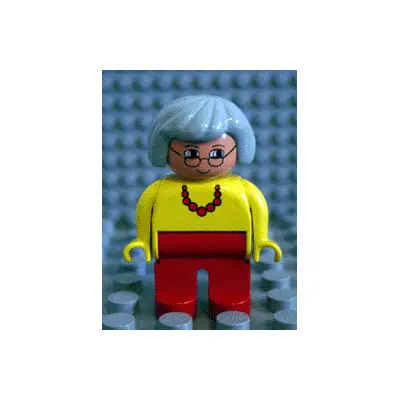  Duplo Figure, Female, Red Legs, Yellow Top with Red Necklace, Light Gray Hair, Glasses, White in Eyes