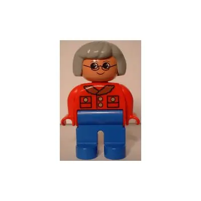  Duplo Figure, Female, Blue Legs, Red Jacket, Light Gray Hair, Glasses