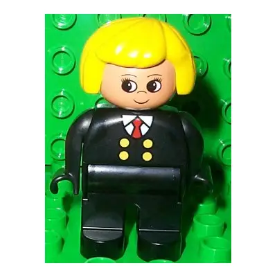  Duplo Figure, Female, Black Legs, Red Tie and Black Suit, Yellow Hair