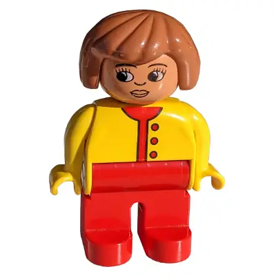  Duplo Figure, Female, Red Legs, Yellow Top Unbuttoned with Red Buttons, Fabuland Brown Hair