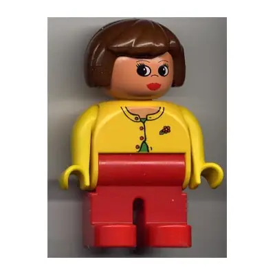  Duplo Figure, Female, Red Legs, Yellow Blouse with Red Buttons, Brown Hair