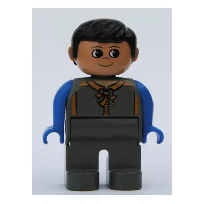  Duplo Figure, Male, Dark Gray Legs, Dark Gray Zippered Coat, Blue Arms, Black Hair