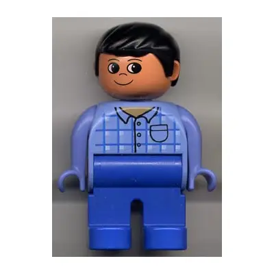  Duplo Figure, Male, Blue Legs, Blue Top Plaid with Pocket, Black Hair