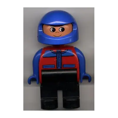  Duplo Figure, Male, Black Legs, Red and Blue Zippered Jacket, Blue Racing Helmet
