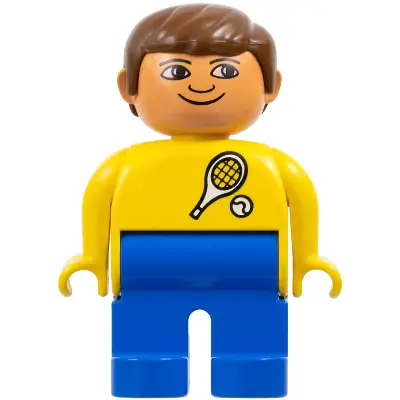  Duplo Figure, Male, Blue Legs, Yellow Top with Tennis Racket and Ball Pattern, Brown Hair