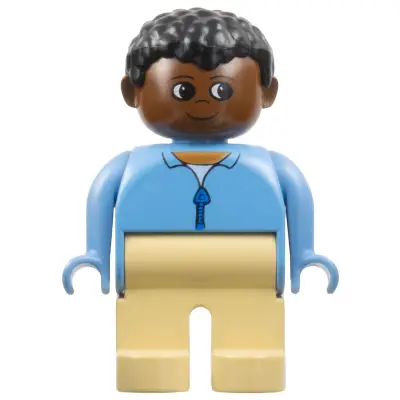  Duplo Figure, Male, Tan Legs, Blue Zippered Jacket, Black Curly Hair, Brown Head