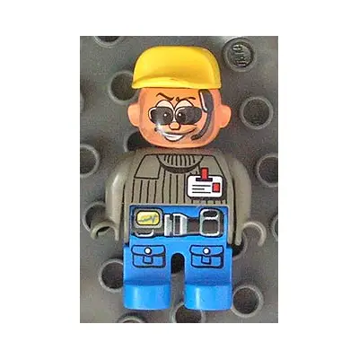  Duplo Figure, Male Action Wheeler, Blue Legs, Dark Gray Top with ID Badge with Belt, Yellow Cap, Sunglasses (4141907)