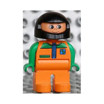  Duplo Figure, Male, Orange Legs, Orange Top with Racer Zipper, Green Arms, Black Helmet