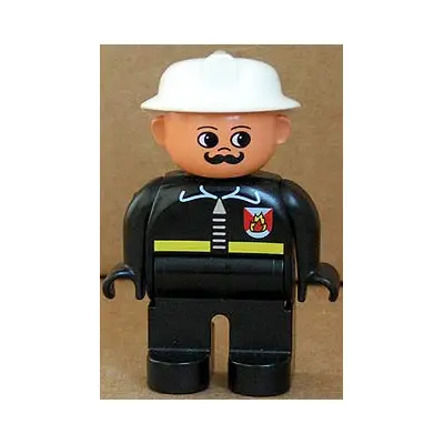  Duplo Figure, Male Fireman, Black Legs, Black Top with Fire Logo and Zipper, White Fire Helmet, Moustache
