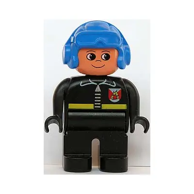  Duplo Figure, Male Fireman, Black Legs, Black Top with Fire Logo and Zipper, Blue Aviator Helmet