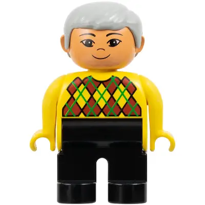  Duplo Figure - Male, Adult Man, Black Legs, Yellow Top with Argyle Pattern, Light Gray Hair, Nougat Head (75499)