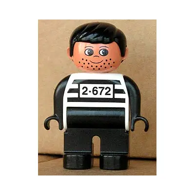  Duplo Figure, Male, Black Legs, White Top with 2-672 Number on Chest, Black Hair, Black Hands, Stubble (Jailbreak Joe)