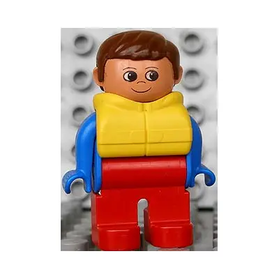  Duplo Figure, Male, Red Legs, Blue Top, Life Jacket, Brown Hair