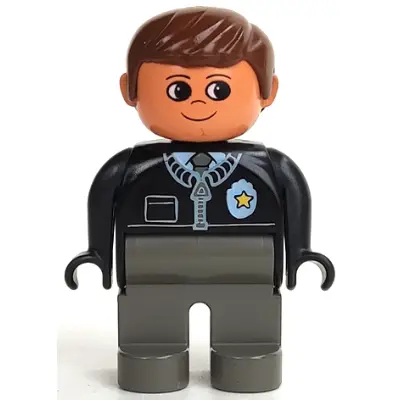  Duplo Figure, Male Police, Dark Gray Legs, Black Top with Zipper, Tie and Badge, Brown Hair
