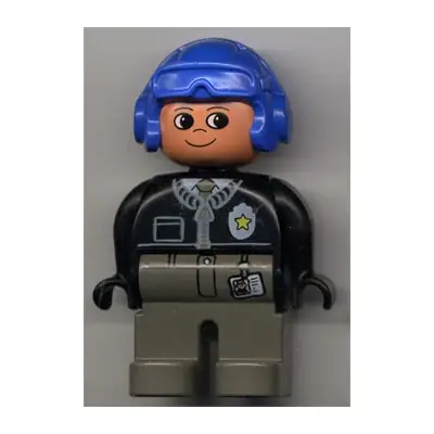  Duplo Figure, Male Police, Dark Gray Legs, Black Top with Zipper, Tie and Badge, Blue Aviator Helmet