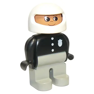  Duplo Figure, Male Police, Light Gray Legs, Black Top with 3 Buttons and Badge, White Racing Helmet