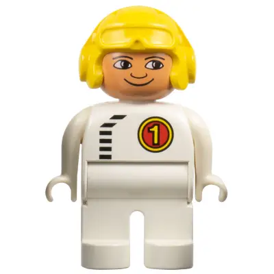  Duplo Figure, Male, White Legs, White Top with Black Zipper and Racer #1, Yellow Aviator Helmet