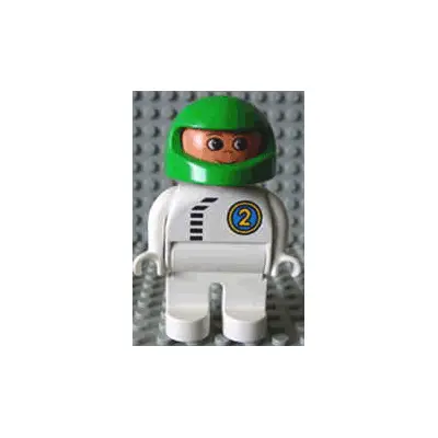  Duplo Figure, Male, White Legs, White Top with Black Zipper and Racer #2, Green Helmet