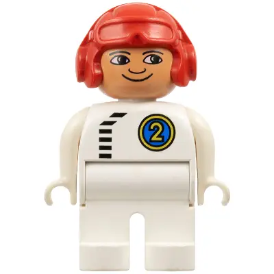  Duplo Figure, Male, White Legs, White Top with Black Zipper and Racer #2, Red Aviator Helmet