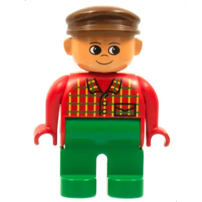  Duplo Figure, Male, Green Legs, Red Top Plaid, Brown Cap