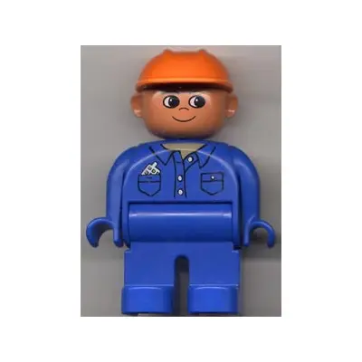  Duplo Figure, Male, Blue Legs, Blue Top with Cell Phone in Pocket, Construction Hat Orange