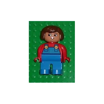  Duplo Figure, Female, Blue Legs, Red Top with Blue Overalls, Brown Hair, Turned Down Nose
