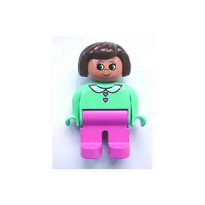  Duplo Figure, Female, Dark Pink Legs, Medium Green Blouse with Heart Buttons, Brown Hair