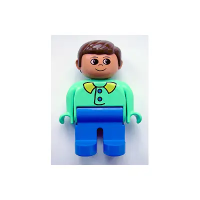  Duplo Figure, Male, Blue Legs, Medium Green Top with Blue Buttons, Brown Hair
