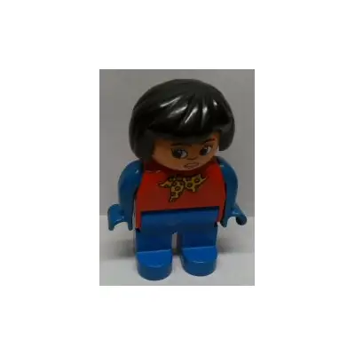  Duplo Figure, Female, Blue Legs, Red Top with Yellow and Red Polka Dot Scarf, Blue Arms, Black Hair, Turned Down Nose