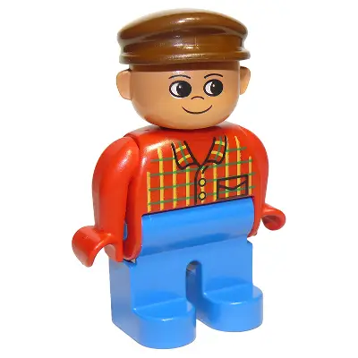  Duplo Figure, Male, Blue Legs, Red Top Plaid, Brown Cap