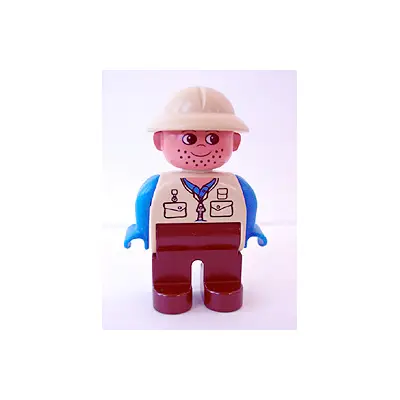  Duplo Figure, Male, Brown Legs, Tan Top, Blue Arms, Tan Pith Helmet, Facial Stubble