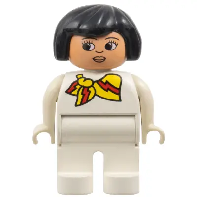  Duplo Figure, Female, White Legs, White Top and with Yellow and Red Scarf, Black Hair