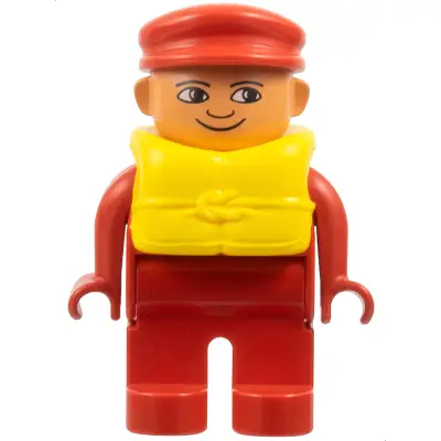  Duplo Figure, Male, Red Legs, Red Top, Life Jacket, Red Cap