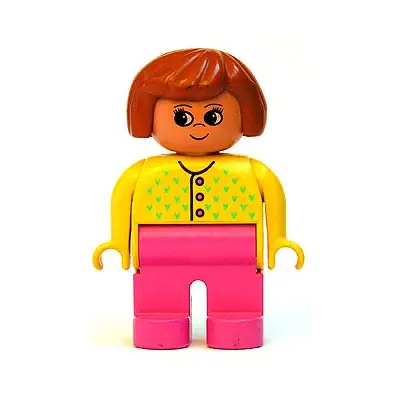  Duplo Figure, Female, Dark Pink Legs, Yellow Sweater with 3 Buttons and V Stitching, Dark Orange Hair