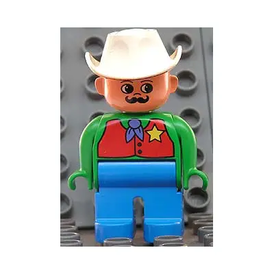  Duplo Figure, Male, Blue Legs, Green Top with Red Vest with Sheriff Star, Moustache, White Cowboy Hat