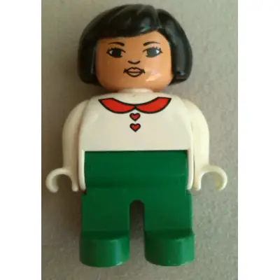  Duplo Figure, Female, Green Legs, White Blouse with Red Heart Buttons and Collar, Black Hair, Lips