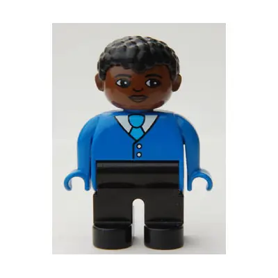  Duplo Figure, Male, Black Legs, Blue Top with Buttons and Tie, Black Curly Hair, Brown Head