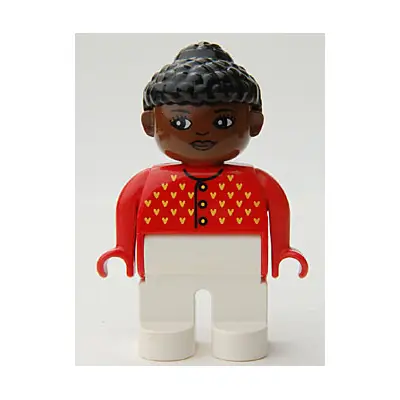  Duplo Figure, Female, White Legs, Red Sweater with Yellow V Stitching and Buttons, Black Curly Hair in Bun, Brown Head