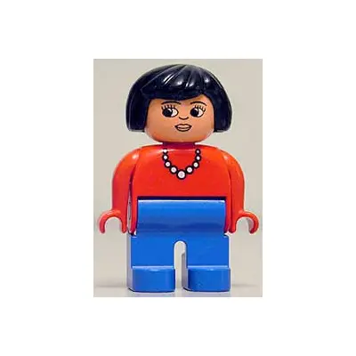  Duplo Figure, Female, Blue Legs, Red Top with Necklace, Black Hair